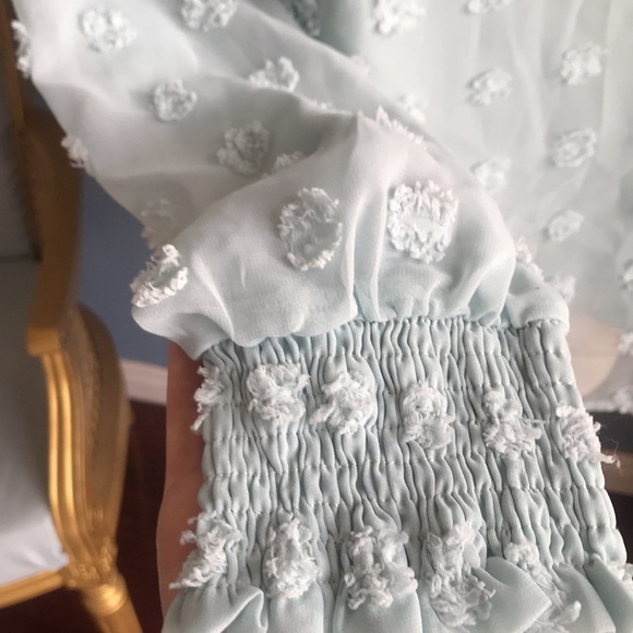 NWOT aqua blue sheer mesh lined Swiss dot long sleeves pull over top size L - Picture 8 of 11